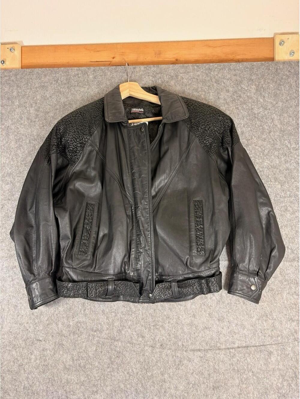 Vtg Pelle Cuir Leather Jacket Women Small Black Cropped Animal Print Trim 80 90s